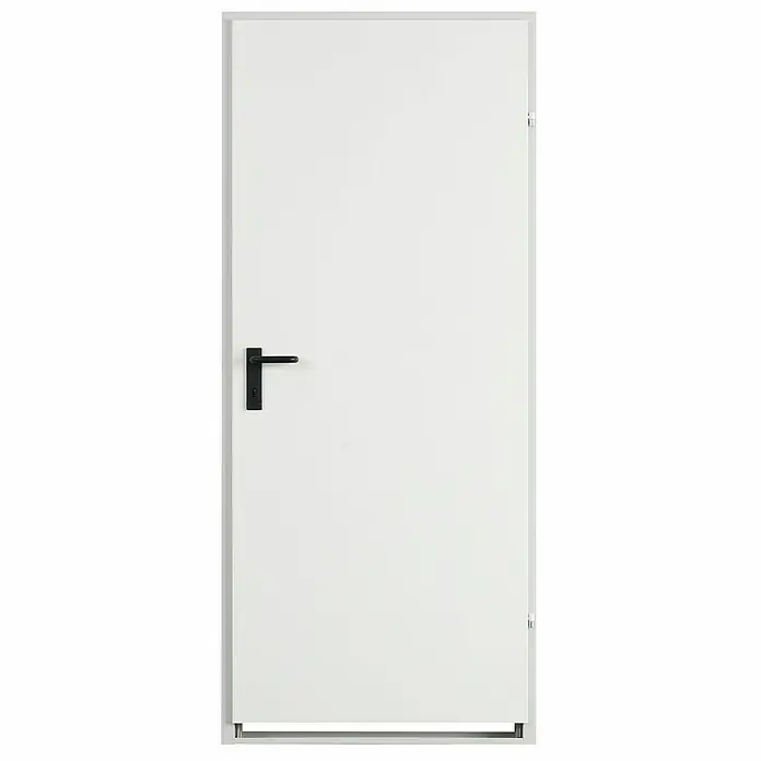 Stahlzarge - B x H: 700 x 2.000 mm, DIN Anschlag: Rechts - Eine moderne, weiße Innentür mit einem eleganten schwarzen Türgriff, ideal für ein minimalistisches Raumdesign.