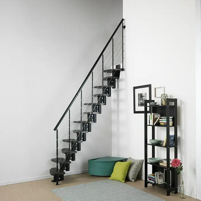 Fontanot Raumspartreppe Zen 2 Tube - Breite: 61 cm, Schwarz, Anzahl Steigungen: 13 Stk., Farbe Stufen: Birke Ulme Dunkel, Geschosshöhe: 250 cm - 304 cm - Stimmungsaufnahme