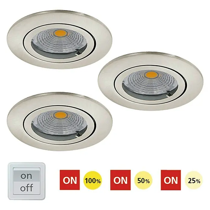 Eglo Set de focos LED empotrables redondos Tedo - 15 W, Ø x Al: 8 x 11,5 cm, Níquel mate, 3 ud., Blanco cálido