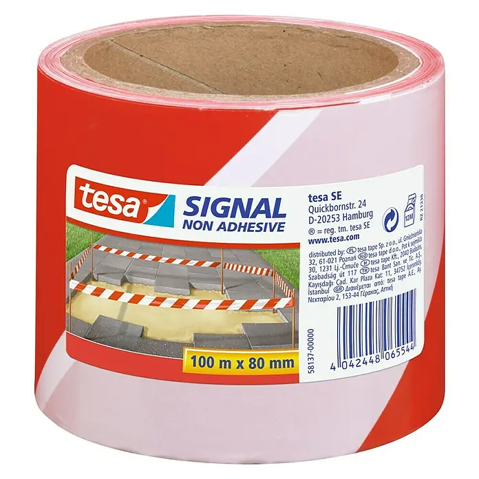Tesa Cinta de señalización Signal - 100 m x 80 mm, Rojo/Blanco