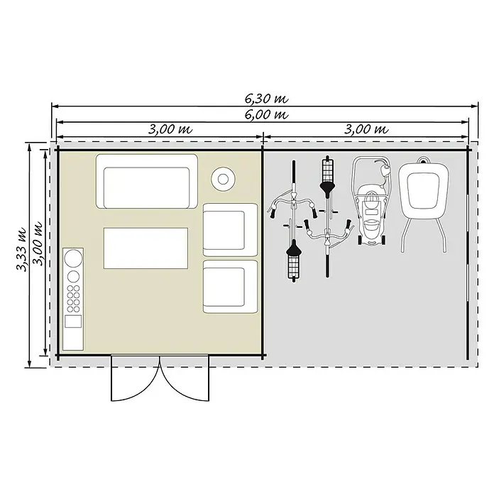 Caseta de madera Esbjerg 483 - 3 x 6,21 m, Espesor de pared: 44 mm, Natural - Dibujo técnico
