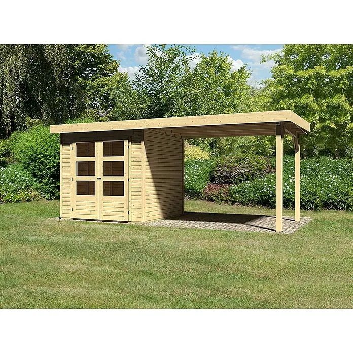 Karibu Gartenhaus Askola - L x B: 217 x 468 cm, Wandstärke: 19 mm, Flachdach, Natur, Mit Anbau - Rechte Seitenansicht