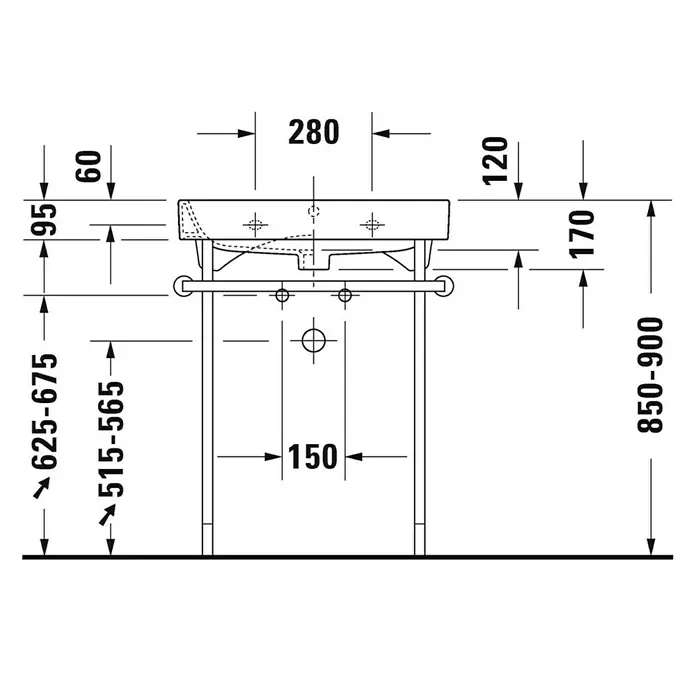 Duravit Happy D.2 Waschtisch - 65 x 50 cm, Mit schmutzabweisender Glasur, Hahnloch: Mitte, Mit Überlauf, Weiß, Ungeschliffen - Skizze