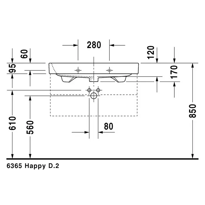 Duravit Happy D.2 Waschtisch - 80 x 50,5 cm, Mit schmutzabweisender Glasur, Hahnloch: Mitte, Mit Überlauf, Weiß, Ungeschliffen - Skizze