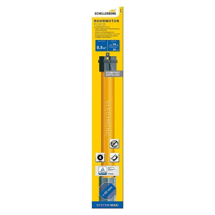 Schellenberg Rohrmotor Maxi Plus 20 - Max. Rollladenfläche: 8,5 m² bei Kunststoffrollläden, Einbaulänge: 555 mm, Zugkraft: 34 kg - Vorderansicht
