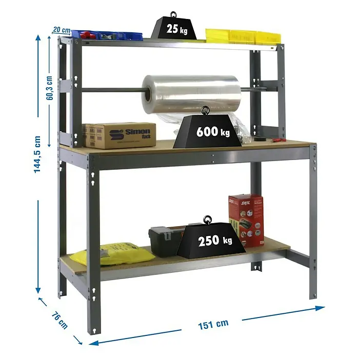 Simonrack Simonwork Banco de trabajo BT4 - L x An x Al: 76 x 151 x 144,5 cm, Capacidad de carga: 600 kg, Gris