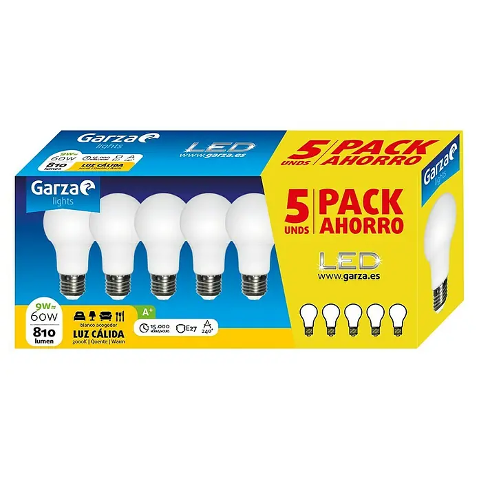 Garza Bombilla LED Pack - 5 uds., E27, 9 W, 810 lm, Blanco cálido