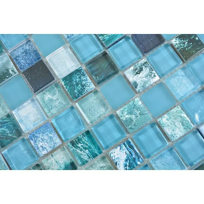 Mosaikfliese Quadrat Crystal XCM JT14 - 29,8 x 29,8 cm, Grün/Blau, Glänzend - Detailaufnahme