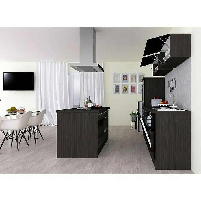 Respekta Premium Inselküche RP310IESCBO - Breite: 310 cm, Mit Elektrogeräten, Schwarz Hochglanz - Stimmungsaufnahme