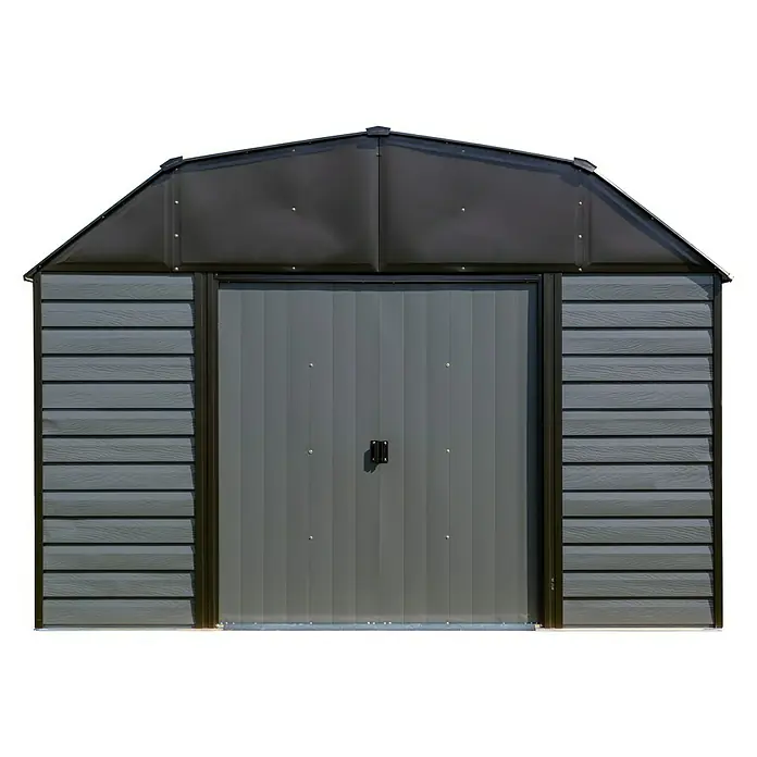 Spacemaker Gerätehaus 10x9 - Außenbreite inkl. Dachüberstand: 313 cm, Außentiefe inkl. Dachüberstand: 273 cm, Stahl, Charcoalgrau - Vorderansicht