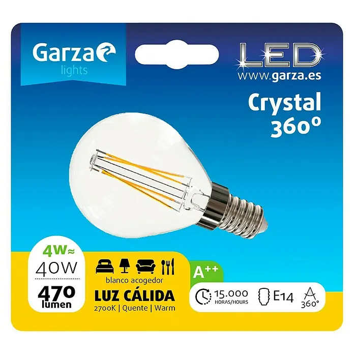 Garza Bombilla LED Transparente - 4 W, E14, Color de luz: Blanco cálido, No regulable, Redonda