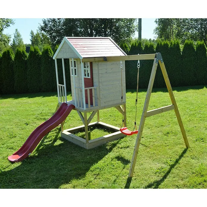 Wendi Toys Spielhaus Alpaka - 290 x 350 cm, Holz, Natur/Rot - Stimmungsaufnahme