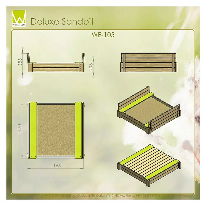 Wendi Toys Sandkasten Deluxe - 120 x 120 x 25 cm, Natur/Grün - Informationsansicht