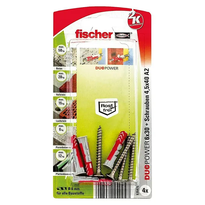 Fischer Duopower Dübel- & Schraubenbox 6 x 30 S A2 - Durchmesser Dübel: 6 mm, Länge Dübel: 30 mm, 4 Stk., Senkkopfschraube, Edelstahl