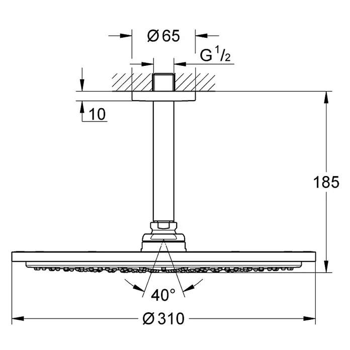 Grohe Kopfbrausen-Set Rainshower Cosmopolitan 310 - Durchmesser: 31 cm, 9,5 l/min bei 3 bar, Deckenmontage, Hard Graphite gebürstet - Vorderansicht