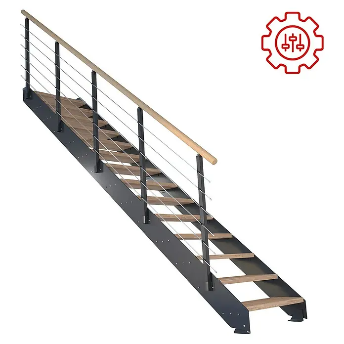 Starwood Systemspindeltreppe maßgefertigt - Holz - Eine moderne Treppe mit Holzstufen und einem Geländer mit Stahlseilen. Das Treppendesign ist minimalistisch und zeitgemäß.