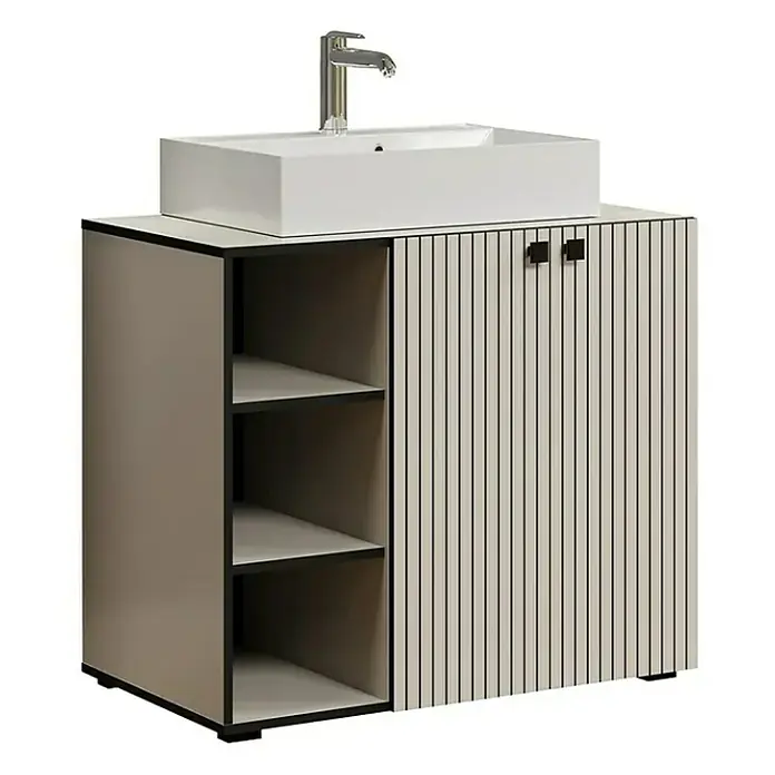 Badmöbel-Set Niklas - 90 cm, Kashmir, Strukturiert - Modernes Waschbecken mit Unterschrank in Grau und Weiß mit vertikalen Linien und offenem Regal. Stilvolles Design für jedes Badezimmer.
