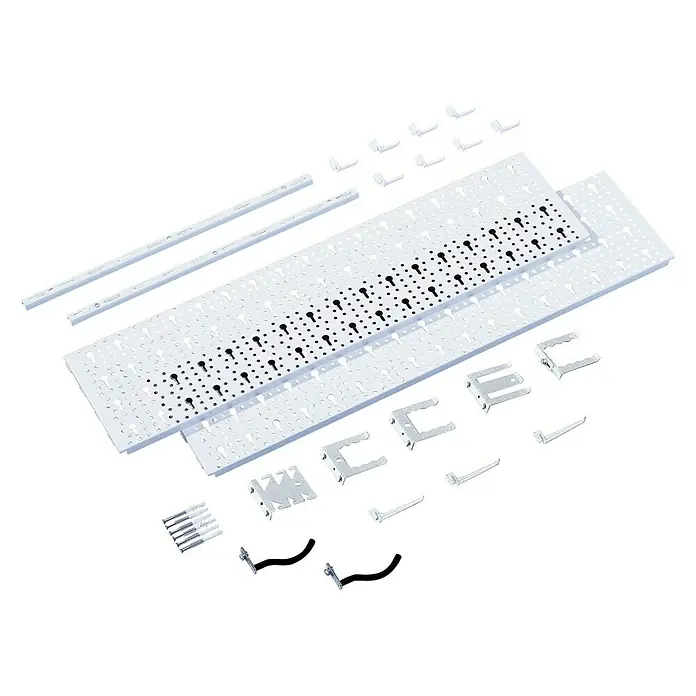 Element System Classic Lochwand-Set Organizer 1 - 2 x Stahllochplatten 80 x 20 cm, 2 x Wandschienen 50 cm, 18 verschiedene Werkzeughalter, Montagematerial, 28 -tlg. - Diagonale Ansicht