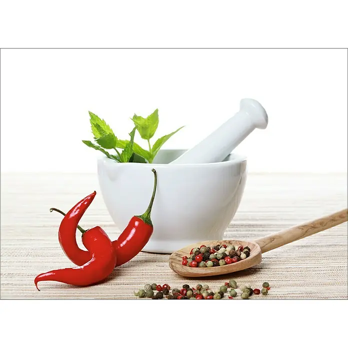 Protector de pared de cocina Deco 430 - Especias, 90 x 65 cm, Espesor: 6 mm, Panel de vidrio de seguridad