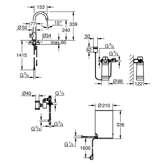 Grohe Standventil Red II Mono - C-Auslauf, Boiler: Größe M, Chrom - Vorderansicht