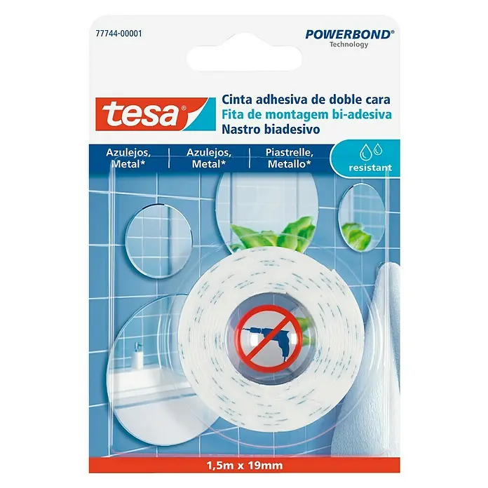 Tesa Powerbond Cinta de doble cara Resistente humedad - L x An: 1,5 m x 1,9 cm, Blanco