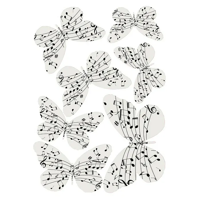 Adhesivos decorativos 3D Mariposa notas música - Blanco/Negro, 14 x 11 cm, 7 piezas