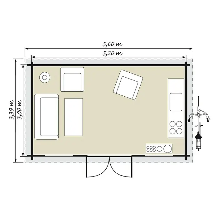 Caseta de madera Skandinavia - Espesor de pared: 44 mm - Dibujo técnico