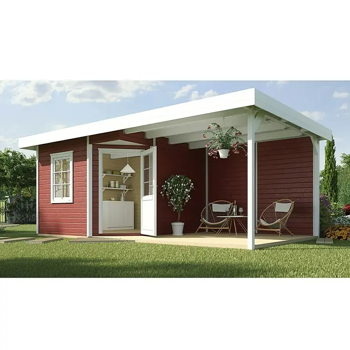 Weka Blockbohlenhaus Fides III - 3,38 x 6,46 m, Wandstärke: 28 mm, Rot - Stimmungsaufnahme