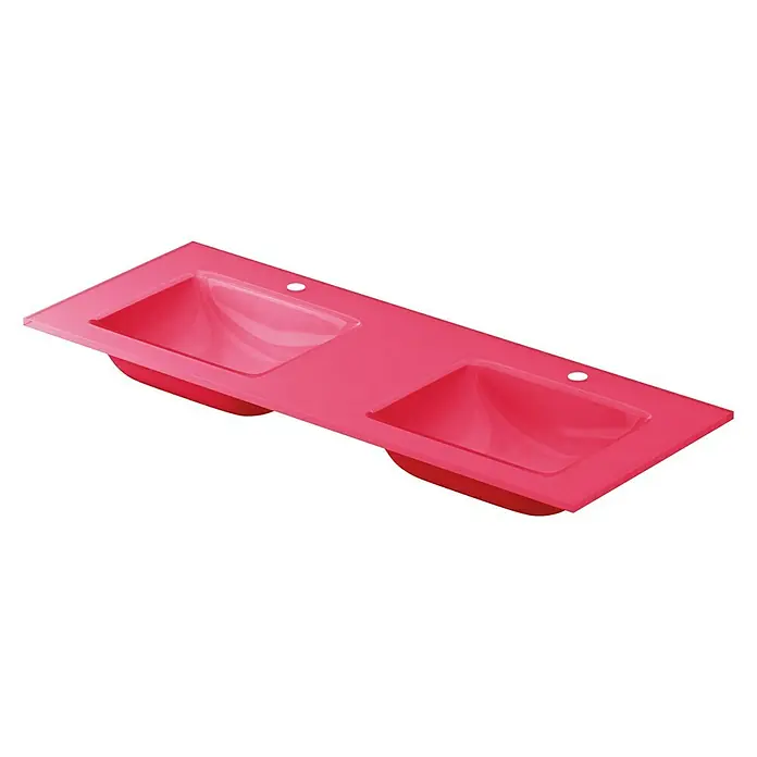 Lavabo doble Cristal - 121 x 46 cm, Orificios para grifo: Medio, Frambuesa, Vidrio - Vista angular