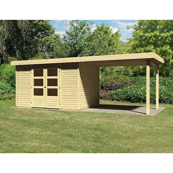 Karibu Gartenhaus Askola - L x B: 217 x 557 cm, Wandstärke: 19 mm, Flachdach, Natur, Mit Anbau - Rechte Seitenansicht