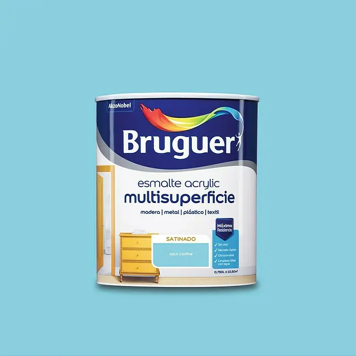 Bruguer Esmalte de color Acrylic Multisuperficie - Azul Caribe, 750 ml, Satinado