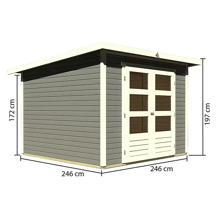Karibu Gartenhaus Stockach - L x B: 246 x 246 cm, Wandstärke: 19 mm, Pultdach, Terragrau - Linke Seitenansicht