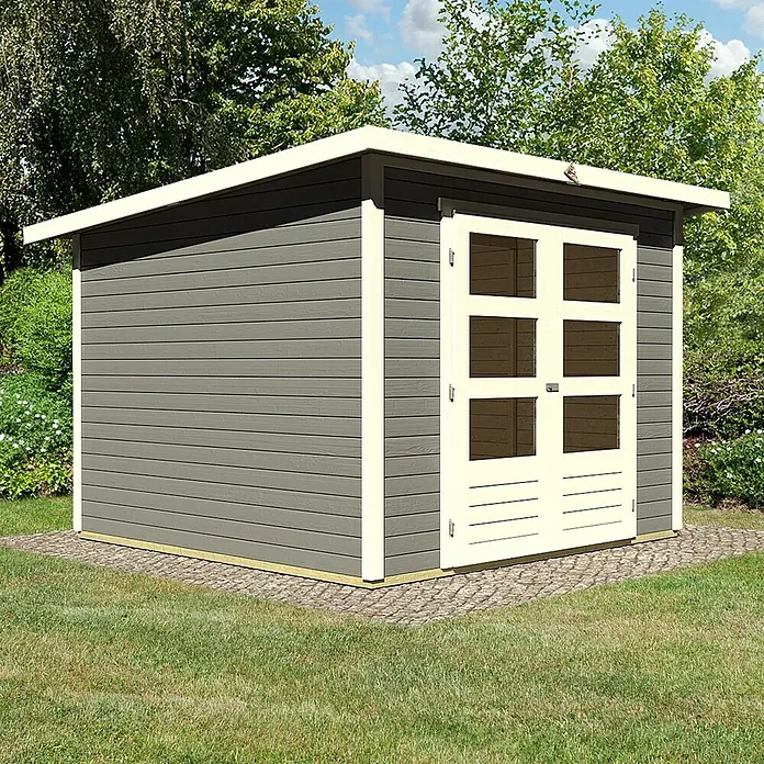 Karibu Gartenhaus Stockach - L x B: 246 x 246 cm, Wandstärke: 19 mm, Pultdach, Terragrau - Linke Seitenansicht