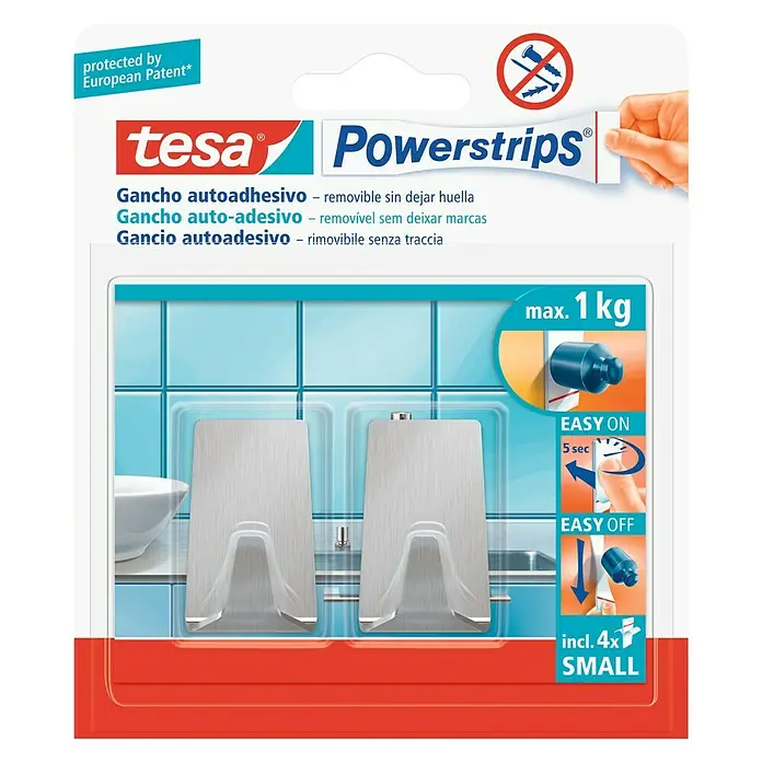 Tesa Powerstrips Colgador adhesivo S - Acero inoxidable, Plateado
