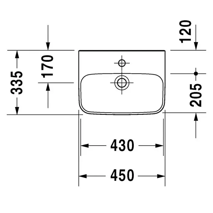 Duravit DuraStyle Waschbecken - 45 x 33,5 cm, Mit schmutzabweisender Glasur, Hahnloch: Mitte, Ohne Überlauf, Weiß - Skizze