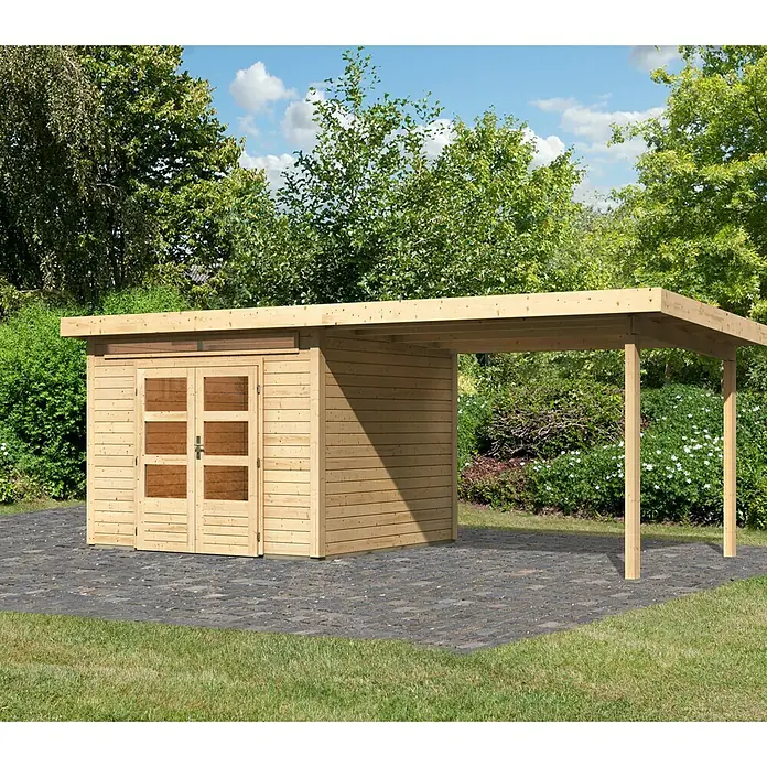Karibu Gartenhaus Kandern 6 - 612 x 274 cm, Wandstärke: 28 mm, Flachdach, Ausführung: Mit Anbau - Rechte Seitenansicht