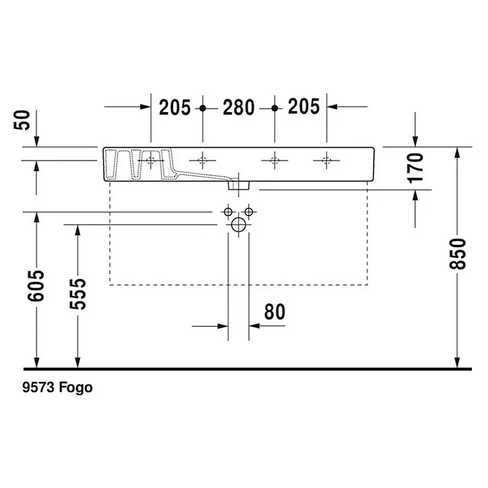 Duravit Vero Waschtisch - 105 x 49 cm, Ohne Spezialglasur, Hahnloch: Mitte, Mit Überlauf, Weiß, Ungeschliffen - Skizze
