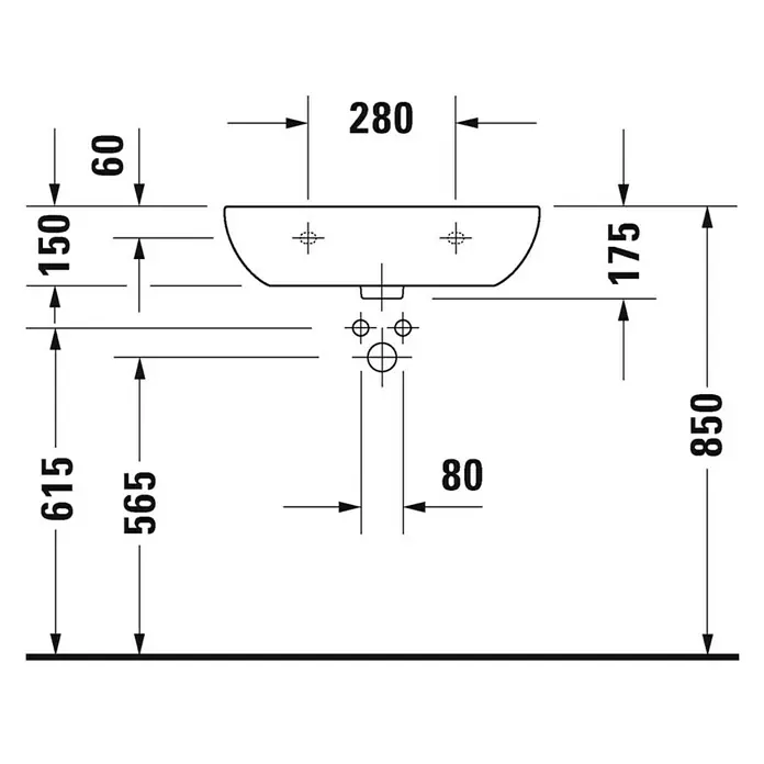 Duravit D-Code Waschtisch - 60 x 46 cm, Ohne Spezialglasur, Hahnloch: Mitte, Mit Überlauf, Weiß - Skizze