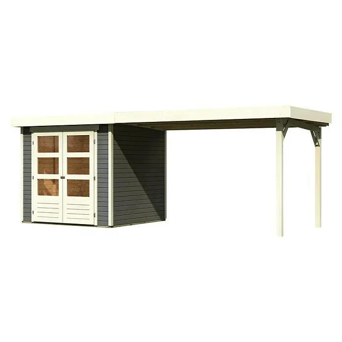 Karibu Gartenhaus Askola - 217 x 497 cm, Wandstärke: 19 mm, Flachdach, Terragrau, Mit Anbau - Linke Seitenansicht