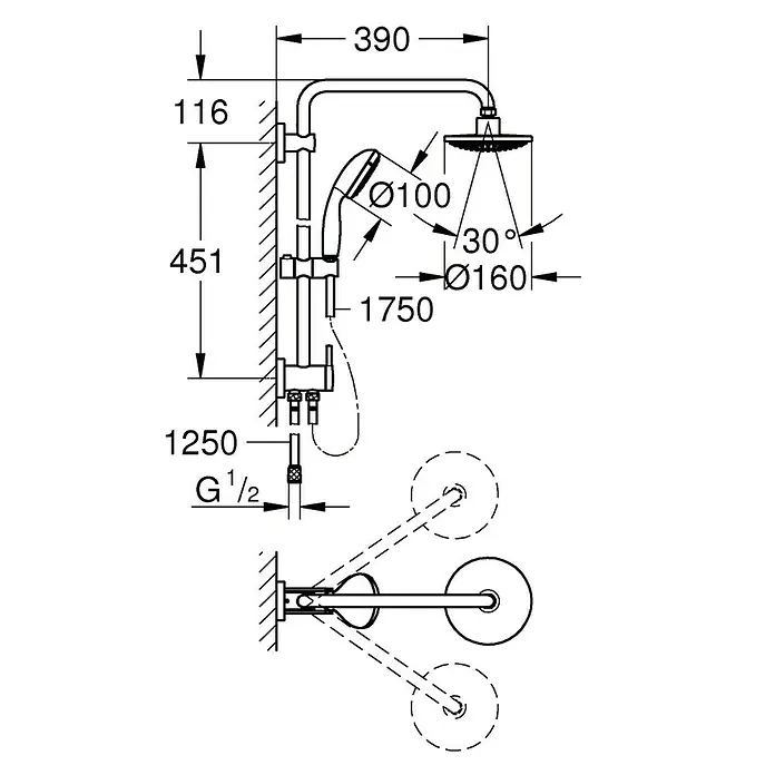 Grohe Vitalio Start Sistema de ducha - Distancia entre orificios: 45,1 cm, Número de tipos de chorro: 2 ud., Cromo