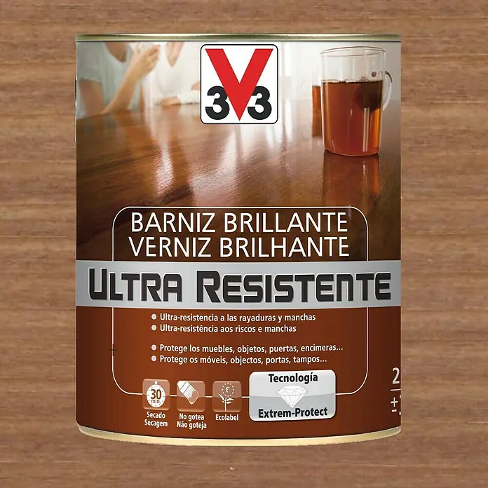 V33 Barniz para madera Brillante Ultra Resistente - Nogal, Brillante, 750 ml