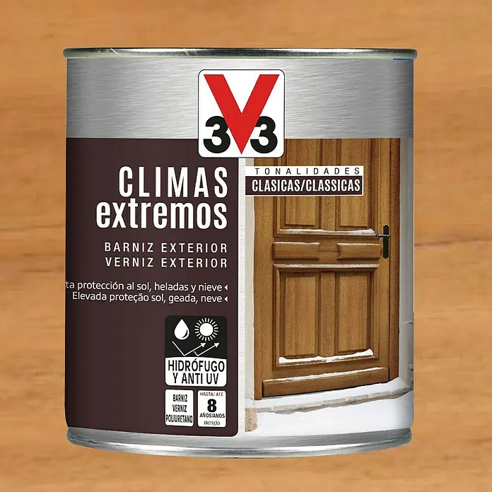 V33 Barniz para madera exterior Climas Extremos - Roble oscuro, Brillante, 750 ml