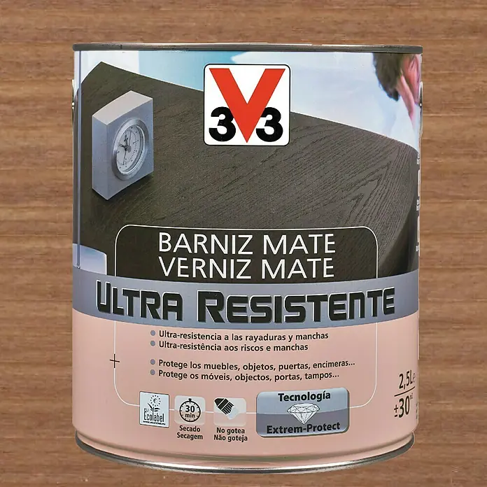 V33 Barniz para madera Mate Ultra Resistente - Nogal, Mate, 750 ml