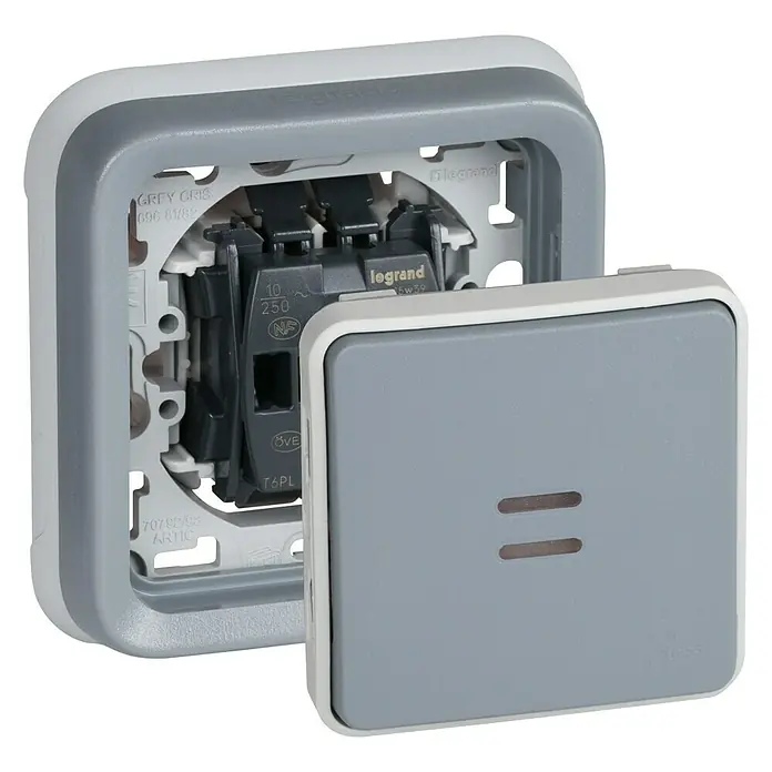 Legrand Pulsador para estancias con humedad con luz plano Plexo - Gris, Montaje en la pared, IP55