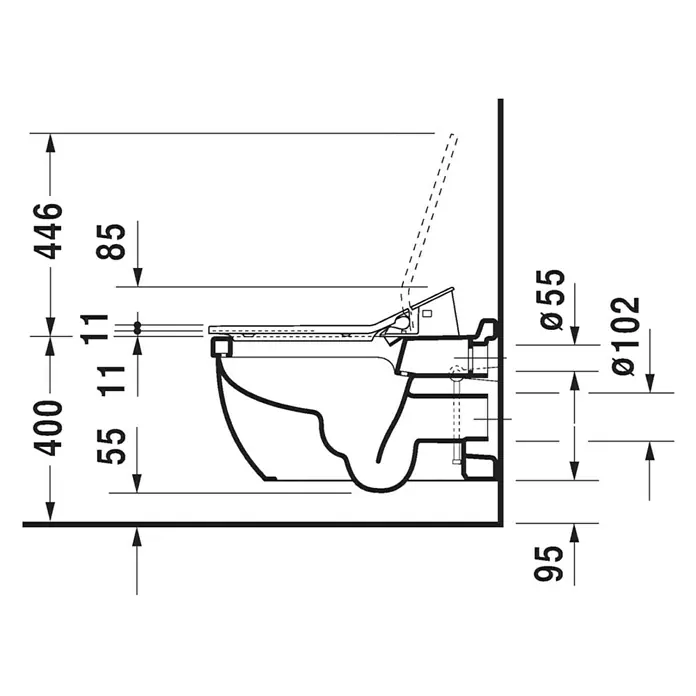Duravit Starck 3 Wand-WC Typ 2 - Mit Spülrand, Ohne Spezialglasur, Spülform: Tief, WC Abgang: Waagerecht, Weiß - Skizze