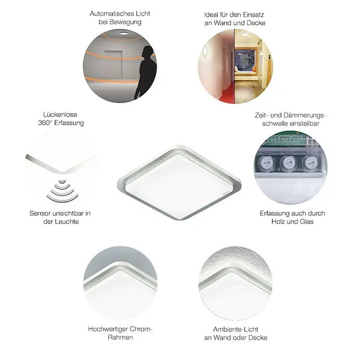 Steinel Sensor-Wand- & Deckenleuchte RS LED D2 V3 - 8,8 W, L x B x H: 30 x 30 x 6,5 cm, Weiß/Silber - Vorderansicht