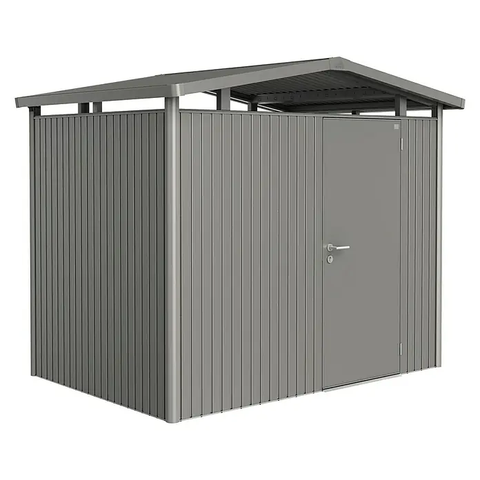 Biohort Gerätehaus Panorama - Außenbreite inkl. Dachüberstand: 273 cm, Außentiefe inkl. Dachüberstand: 198 cm, Stahl, Quarzgrau Metallic, Einzeltür - Vorderansicht