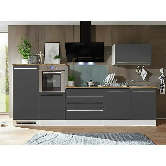 Respekta Premium Küchenbar BERP320HWGC - Breite: 320 cm, Front: Grau Hochglanz, Mit Elektrogeräten