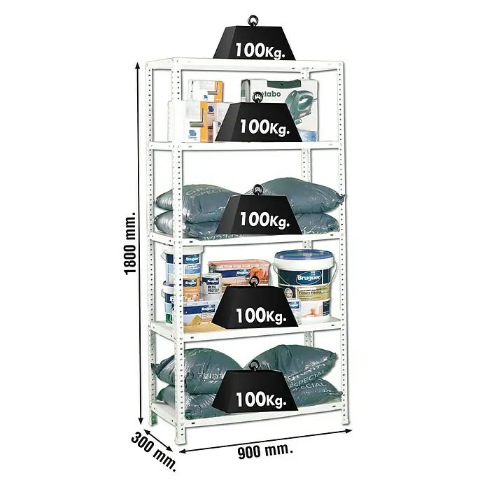 Simonrack Comfort Estantería metálica - L x An x Al: 30 x 90 x 180 cm, Capacidad de carga: 100 kg/balda, Número de baldas: 5 ud., Atornillado, Blanco