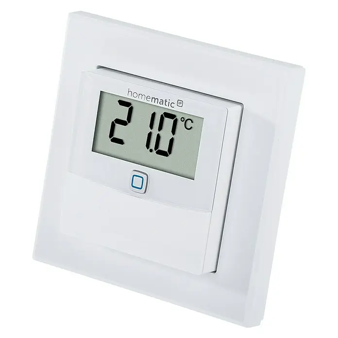 Homematic IP Funk-Temperatursensor HmIP-STHD - Weiß, 25 x 86 x 86 mm, Batteriebetrieben, Display - Linke Seitenansicht